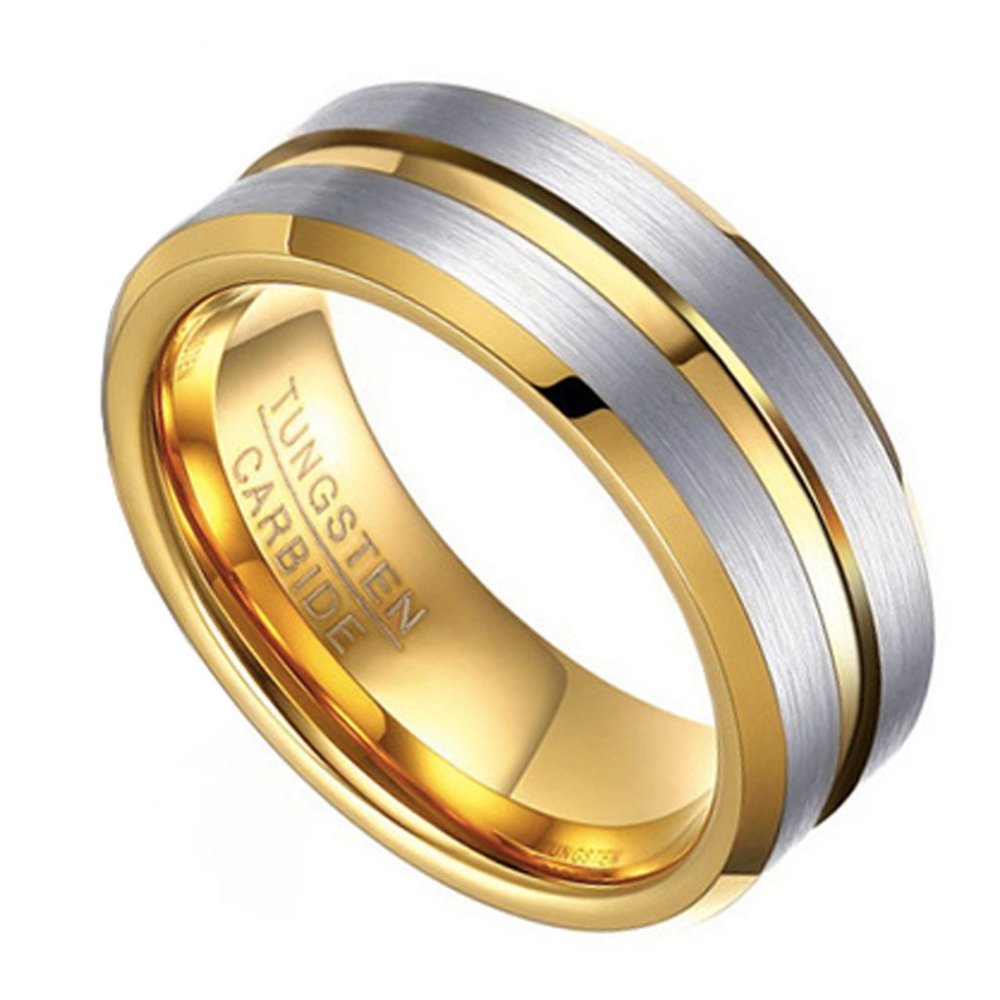Mens Tungsten Wedding Band 8mm. Gray Silver Tone w/ Yellow Gold Groove & Beveled